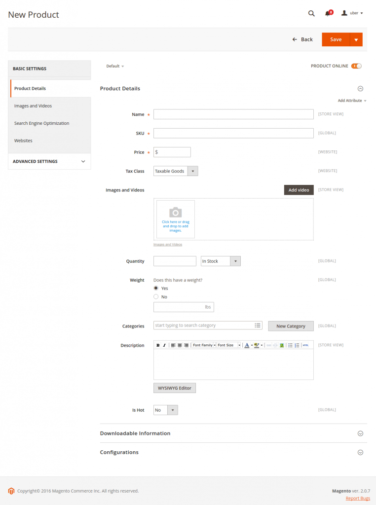 Screenshot: Neues Produkt anlegen in Magento 2.0