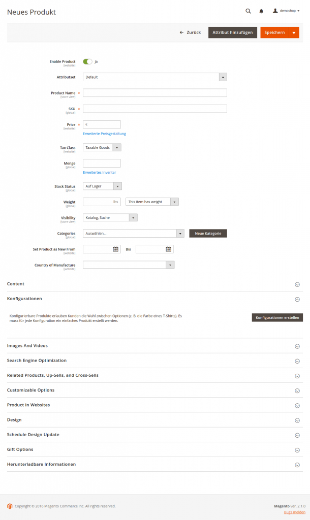 Screenshot: Neues Produkt anlegen in Magento 2.1
