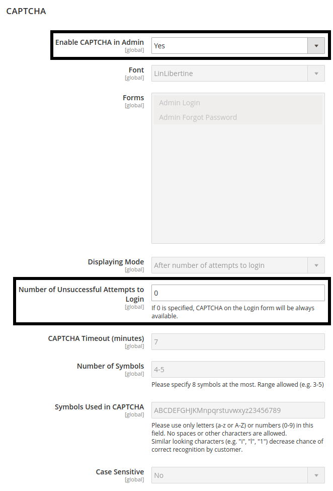 Magento Admin CAPTCHA Configuration