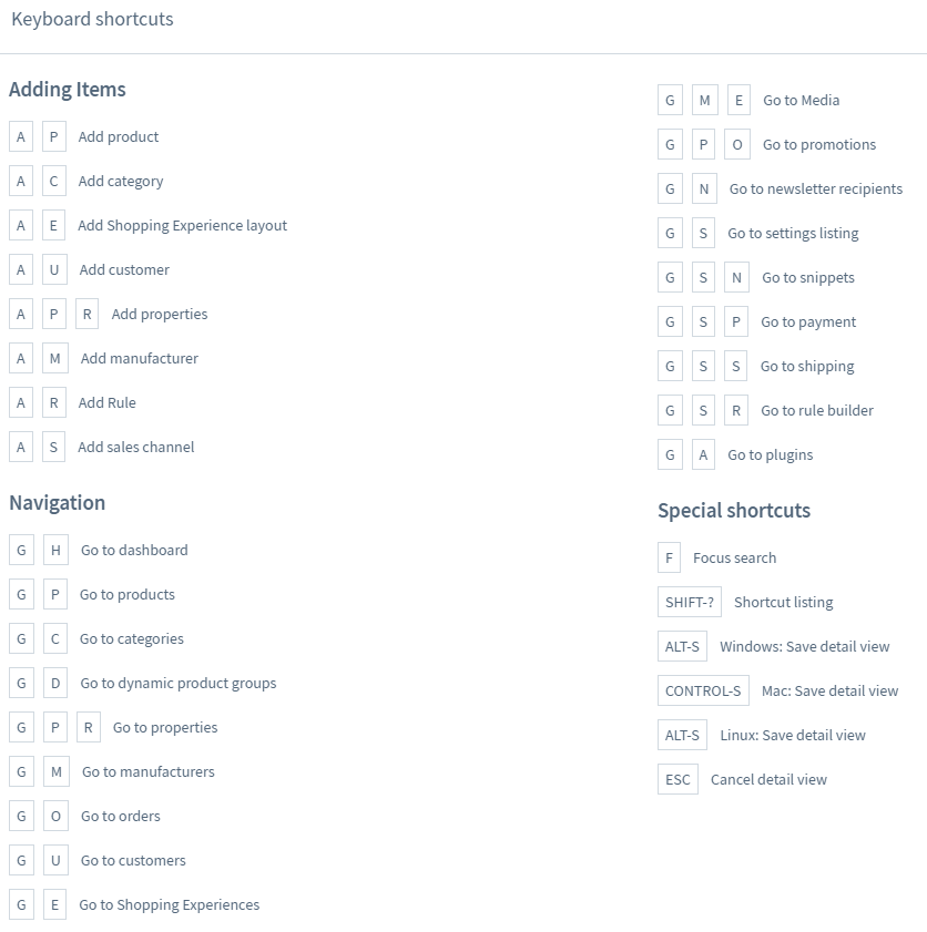 Shopware 6 Tastaturbefehle