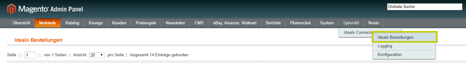 idealo Bestellungen im Magento Admin Panel