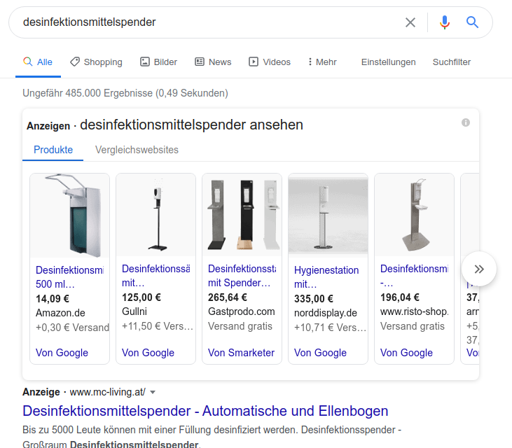 google-suche-desinfektionsmittelspender Die Google Suche für "Desinfektionsmittelspender" zeigt Google Shopping Suchergebnisse oberhalb der normalen Suchergebnisse.
