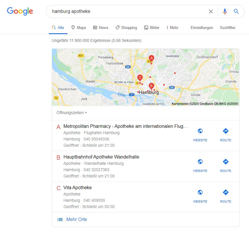 Local-Seo-Beispiel-Hamburg-Apotheke Die Suchergbnisse für "Hamburg Apotheke" als Beispiel für Local SEO.