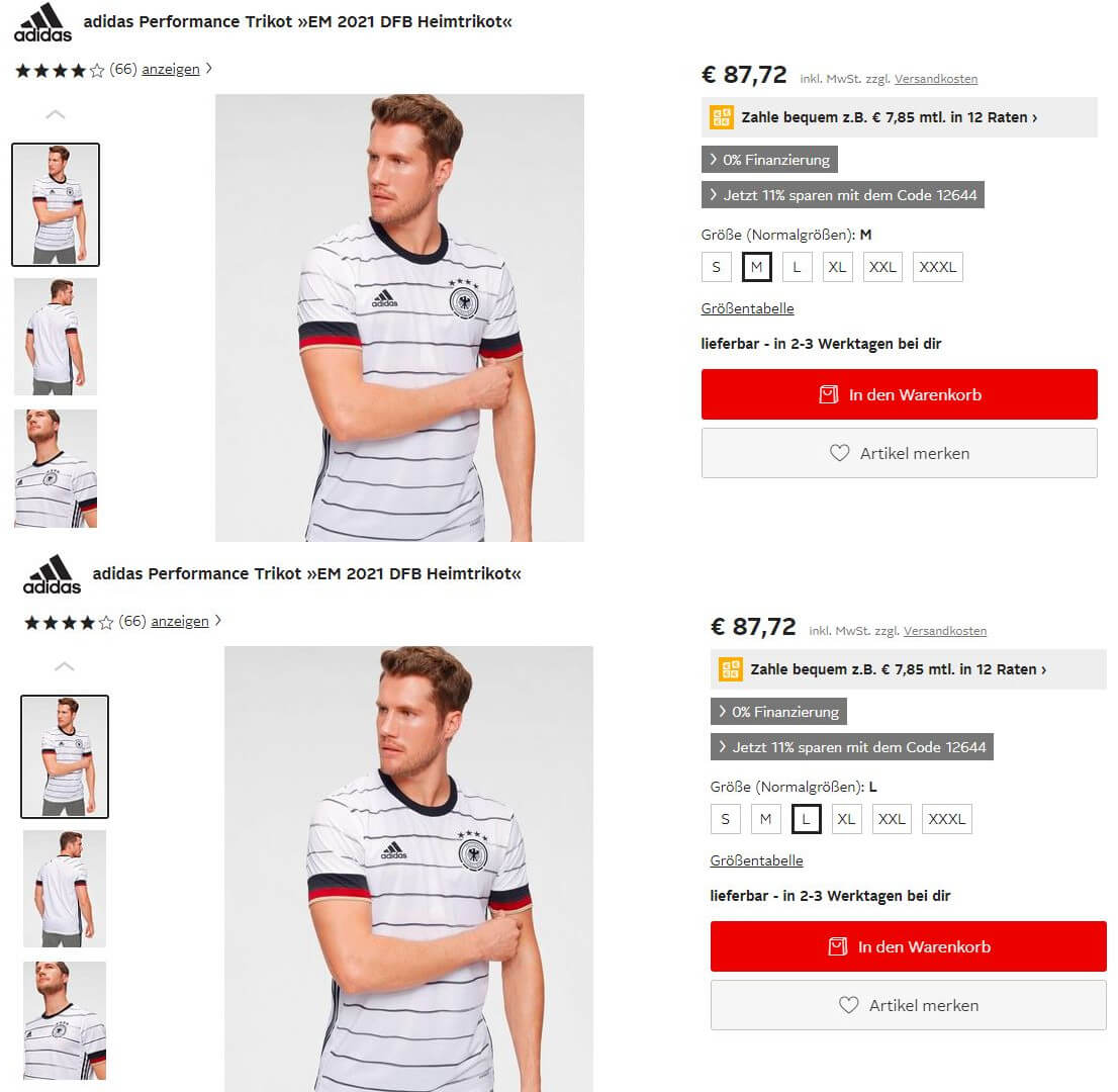 Onlineshop Trikot in verschiedenen Größen