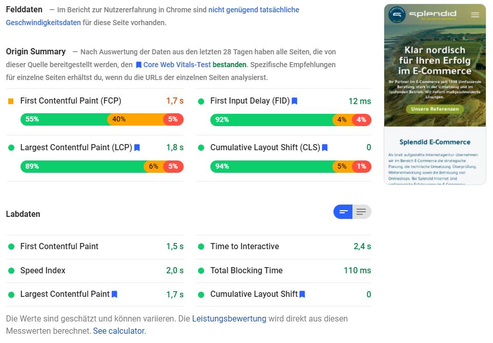 Pagespeed Insight für splendid-internet.de