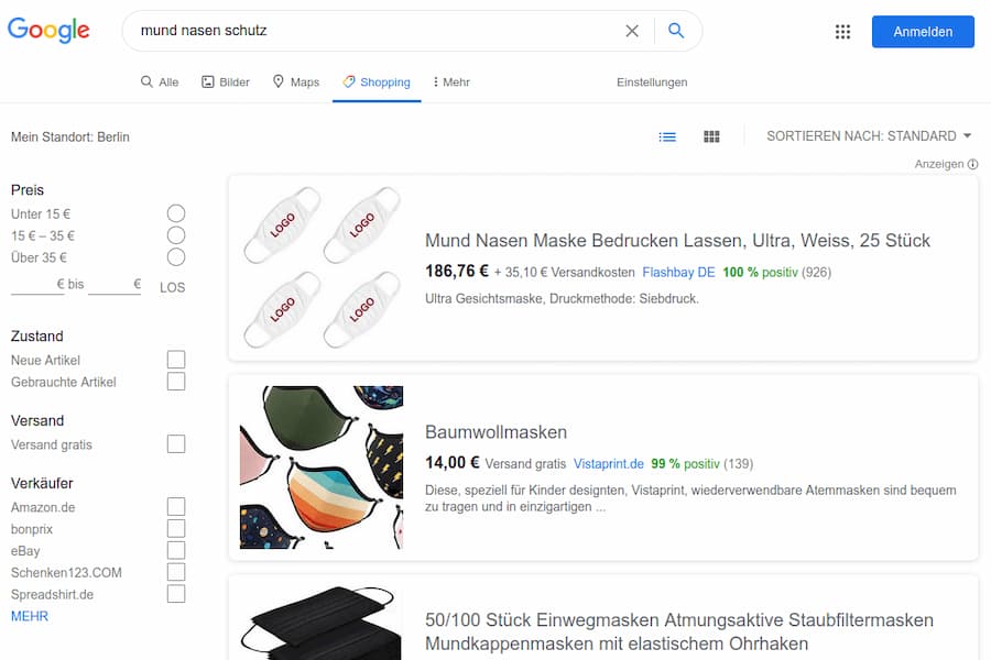 Die Google Shopping Suche für "Mund Nasen Schutz" zeigt verschiedene Produkte als Suchergebnisse und Filter, nach denen Nutzer Produkte aussuchen können.