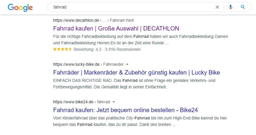 Ein Snippet zur Suchanfrage Fahrrad enthält Produktbewertungen.