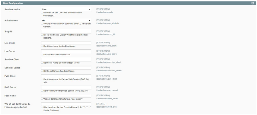 idealo Connector – Magento 1: Store Konfiguration